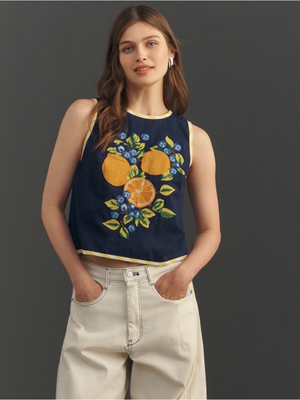 Anthropologie Maeve embroidered navy crop shell
